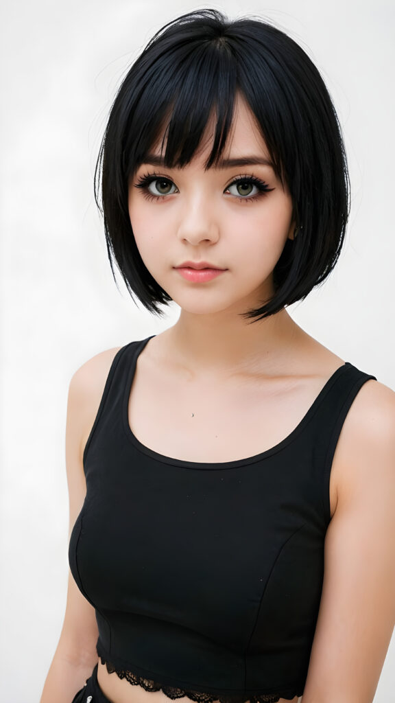 a innocent ((cute little Emo teen girl)), straight black hair, ((round face)), bob bangs cut, black eyeliner, looks seductive, black dressed in a crop top, ((white background))