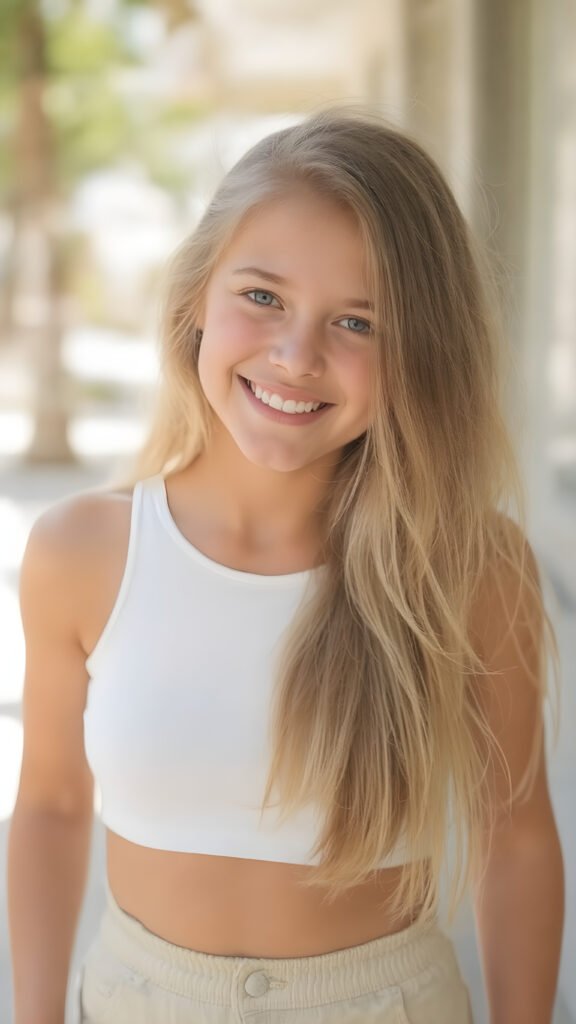 a joyfully gazing (((young teen girl))), 17 years old, with long, soft, straight golden hair, exquisitely detailed eyes, dressed in a sleek, form-fitting (((white crop top))), high-waisted shorts, her expression radiating pure elation towards the viewer, standing in a (sunny backdrop)