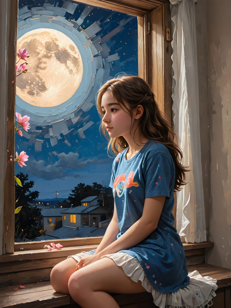 a (((lonely teen girl))) sitting by a window at night, her face silhouetted against the moon's glow, its petals a poignant reminder of heartbreak, she wears a shot cropped t-shirt