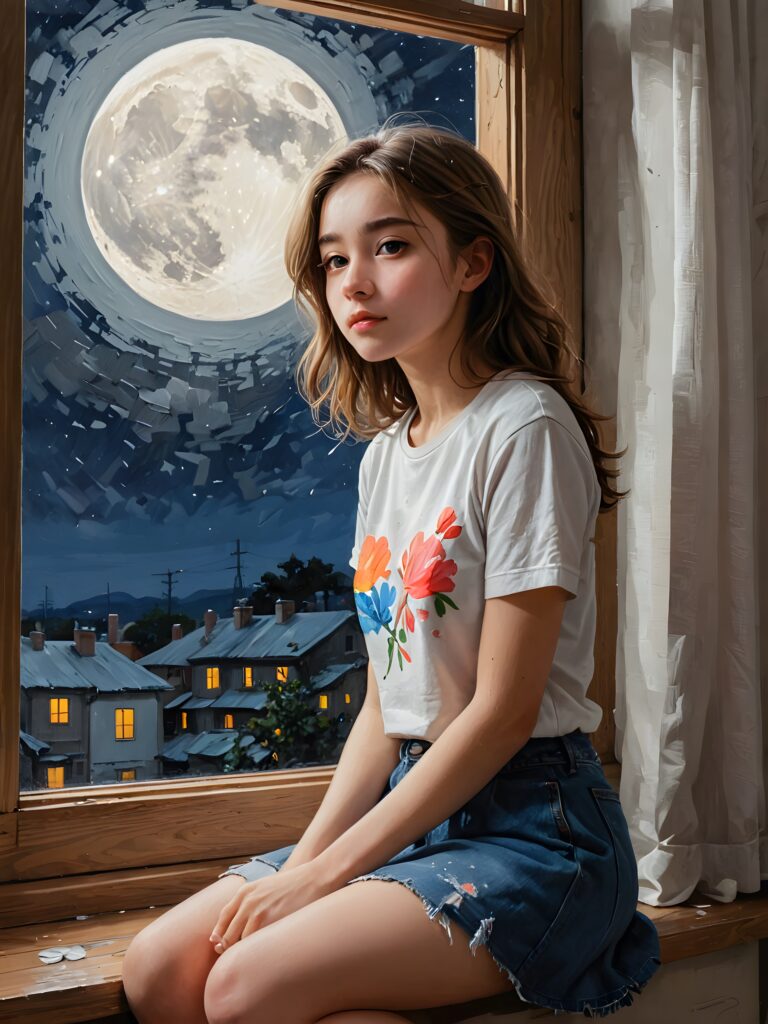 a (((lonely teen girl))) sitting by a window at night, her face silhouetted against the moon's glow, its petals a poignant reminder of heartbreak, she wears a shot cropped t-shirt