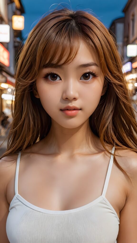 a (((long, straight hazelnut hair))) ((stunning)) beautifully realistic, cinematic lights, ((hot busted Asian woman)), bangs cut, realistic detailed angelic round face, ((realistic detailed hazelnut eye)) looks sadly at the camera, portrait shot, perfect curved body, (wears a tight (white crop top)), perfect anatomy, side perspective