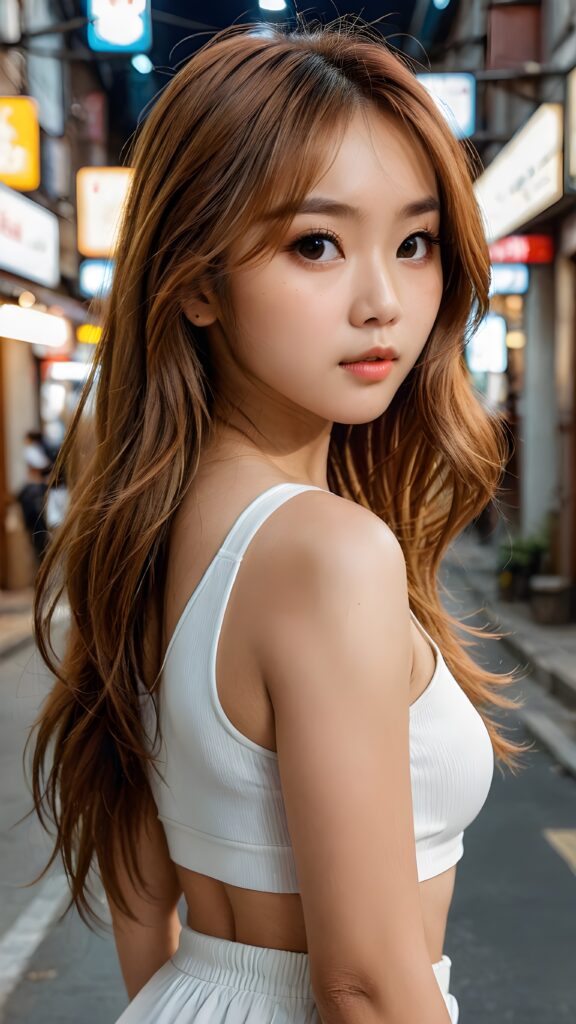 a (((long, straight hazelnut hair))) ((stunning)) beautifully realistic, cinematic lights, ((hot busted Asian woman)), bangs cut, realistic detailed angelic round face, ((realistic detailed hazelnut eye)) looks sadly at the camera, portrait shot, perfect curved body, (wears a tight (white crop top)), perfect anatomy, side perspective