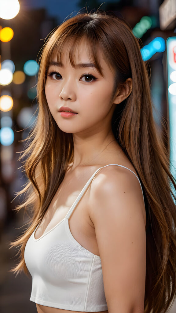 a (((long, straight hazelnut hair))) ((stunning)) beautifully realistic, cinematic lights, ((hot busted Asian woman)), bangs cut, realistic detailed angelic round face, ((realistic detailed hazelnut eye)) looks sadly at the camera, portrait shot, perfect curved body, (wears a tight (white crop top)), perfect anatomy, side perspective