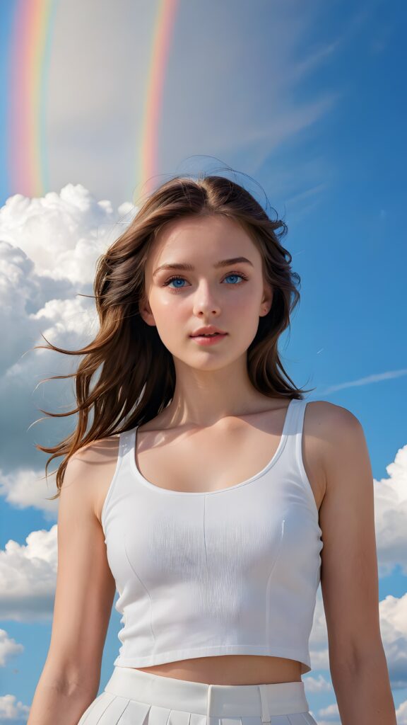 a (((masterful fine art portrait))) featuring a (((girl with dark brown soft hair and azure blue eyes))), elegantly framed by a (((sleeveless white crop top))), set against a (dazzlingly vivid swirl of a rainbow that contrasts against a (serene, crystal-clear sky punctuated by delicate, fluffy clouds)), evoking a sense of natural splendor and tranquil grace