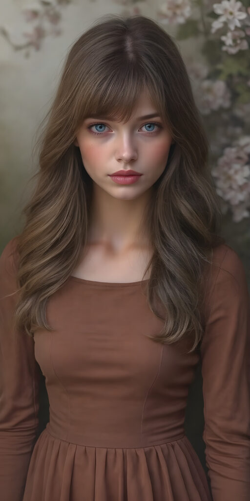 a (((masterfully drawn full body portrait))), featuring a (((stunningly beautiful adult girl))) with flowing, (((big ocean blue eyes))), elegantly dressed in a (((long, fitted Full sleeves brown dress))), (((brown hair with side bangs))), that brings out her (natural beauty) in a (softly detailed, fantastical concept art) with a (dreamlike atmosphere) that complements the (intricate details) of the (garden) and the (romantic style) of the (portrait) era, captured in a (hyper realistic, 8K render) that exudes (ultra high quality) and (vivid color palette)