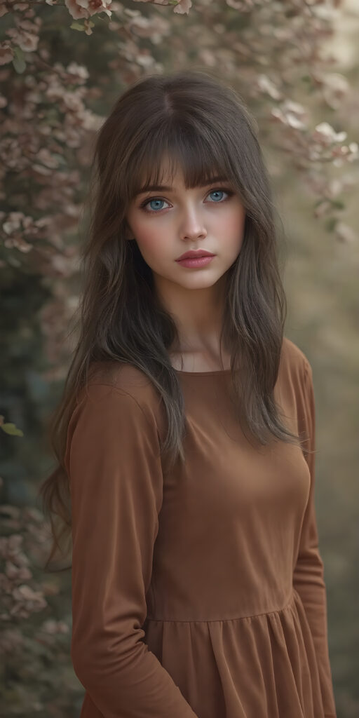 a (((masterfully drawn full body portrait))), featuring a (((stunningly beautiful adult girl))) with flowing, (((big ocean blue eyes))), elegantly dressed in a (((long, fitted Full sleeves brown dress))), (((brown hair with side bangs))), that brings out her (natural beauty) in a (softly detailed, fantastical concept art) with a (dreamlike atmosphere) that complements the (intricate details) of the (garden) and the (romantic style) of the (portrait) era, captured in a (hyper realistic, 8K render) that exudes (ultra high quality) and (vivid color palette)