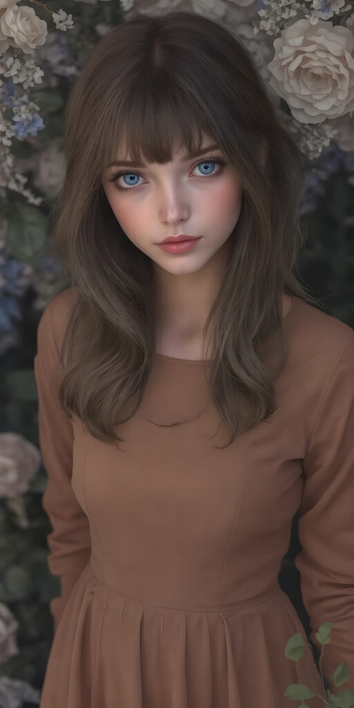 a (((masterfully drawn full body portrait))), featuring a (((stunningly beautiful adult girl))) with flowing, (((big ocean blue eyes))), elegantly dressed in a (((long, fitted Full sleeves brown dress))), (((brown hair with side bangs))), that brings out her (natural beauty) in a (softly detailed, fantastical concept art) with a (dreamlike atmosphere) that complements the (intricate details) of the (garden) and the (romantic style) of the (portrait) era, captured in a (hyper realistic, 8K render) that exudes (ultra high quality) and (vivid color palette)