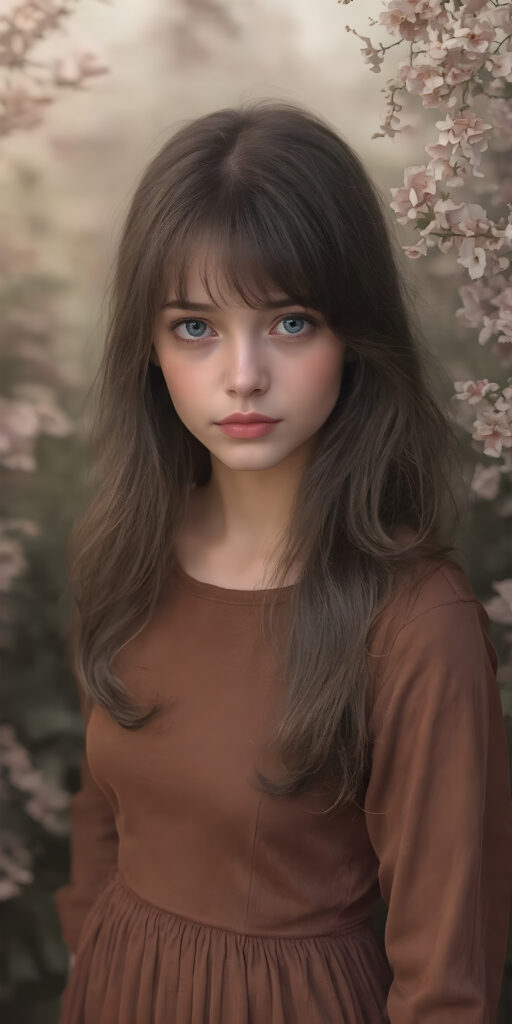 a (((masterfully drawn full body portrait))), featuring a (((stunningly beautiful adult girl))) with flowing, (((big ocean blue eyes))), elegantly dressed in a (((long, fitted Full sleeves brown dress))), (((brown hair with side bangs))), that brings out her (natural beauty) in a (softly detailed, fantastical concept art) with a (dreamlike atmosphere) that complements the (intricate details) of the (garden) and the (romantic style) of the (portrait) era, captured in a (hyper realistic, 8K render) that exudes (ultra high quality) and (vivid color palette)