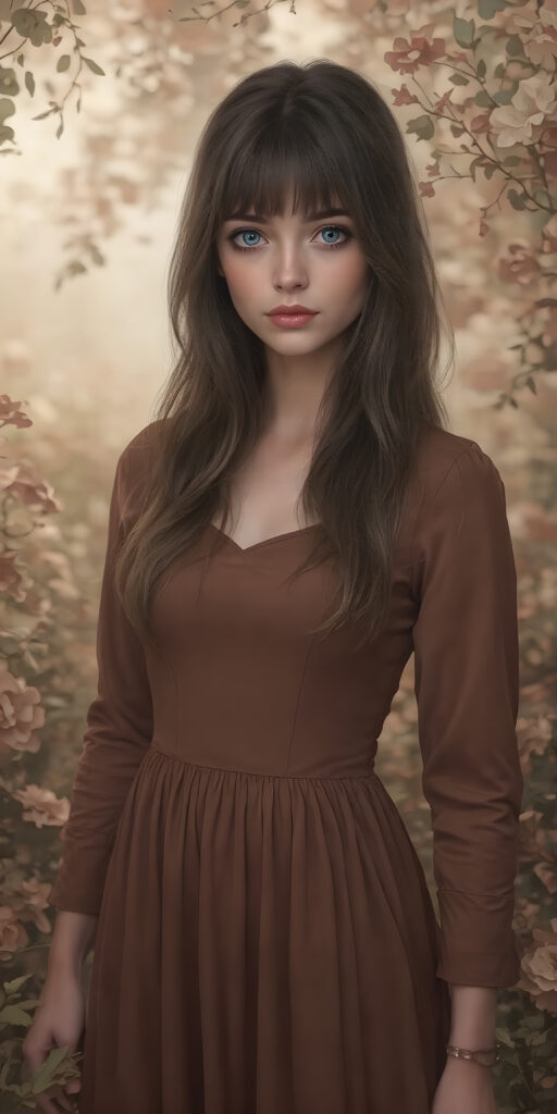 a (((masterfully drawn full body portrait))), featuring a (((stunningly beautiful adult girl))) with flowing, (((big ocean blue eyes))), elegantly dressed in a (((long, fitted Full sleeves brown dress))), (((brown hair with side bangs))), that brings out her (natural beauty) in a (softly detailed, fantastical concept art) with a (dreamlike atmosphere) that complements the (intricate details) of the (garden) and the (romantic style) of the (portrait) era, captured in a (hyper realistic, 8K render) that exudes (ultra high quality) and (vivid color palette)