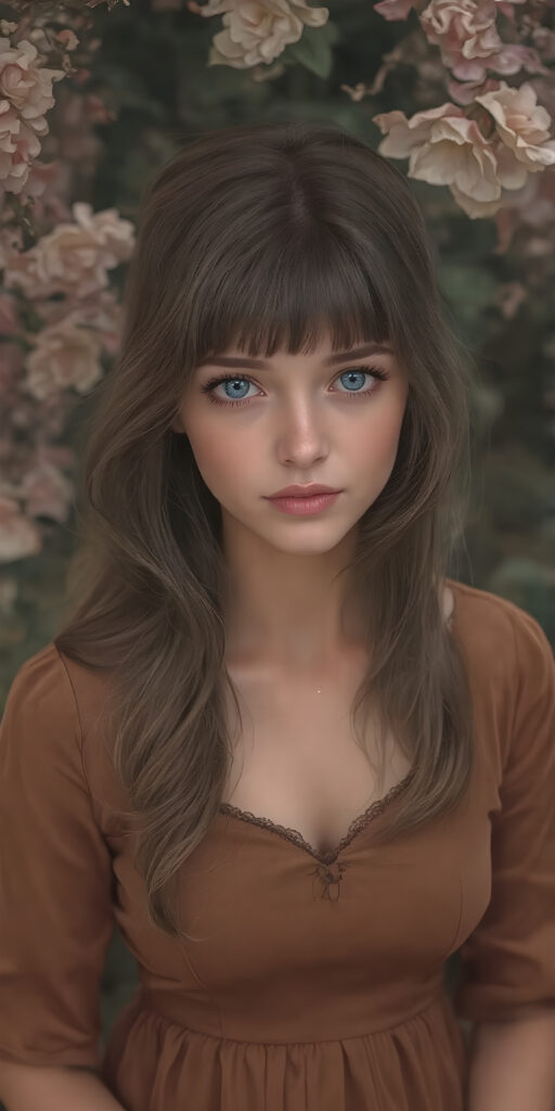 a (((masterfully drawn full body portrait))), featuring a (((stunningly beautiful adult girl))) with flowing, (((big ocean blue eyes))), elegantly dressed in a (((long, fitted Full sleeves brown dress))), (((brown hair with side bangs))), that brings out her (natural beauty) in a (softly detailed, fantastical concept art) with a (dreamlike atmosphere) that complements the (intricate details) of the (garden) and the (romantic style) of the (portrait) era, captured in a (hyper realistic, 8K render) that exudes (ultra high quality) and (vivid color palette)