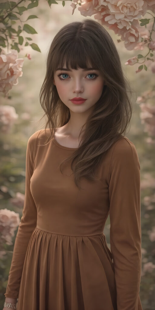 a (((masterfully drawn full body portrait))), featuring a (((stunningly beautiful adult girl))) with flowing, (((big ocean blue eyes))), elegantly dressed in a (((long, fitted Full sleeves brown dress))), (((brown hair with side bangs))), that brings out her (natural beauty) in a (softly detailed, fantastical concept art) with a (dreamlike atmosphere) that complements the (intricate details) of the (garden) and the (romantic style) of the (portrait) era, captured in a (hyper realistic, 8K render) that exudes (ultra high quality) and (vivid color palette)