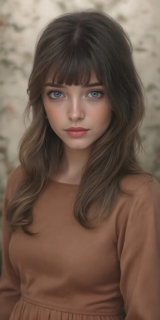 a (((masterfully drawn full body portrait))), featuring a (((stunningly beautiful adult girl))) with flowing, (((big ocean blue eyes))), elegantly dressed in a (((long, fitted Full sleeves brown dress))), (((brown hair with side bangs))), that brings out her (natural beauty) in a (softly detailed, fantastical concept art) with a (dreamlike atmosphere) that complements the (intricate details) of the (garden) and the (romantic style) of the (portrait) era, captured in a (hyper realistic, 8K render) that exudes (ultra high quality) and (vivid color palette)