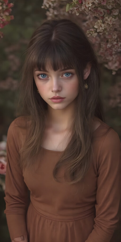 a (((masterfully drawn full body portrait))), featuring a (((stunningly beautiful adult girl))) with flowing, (((big ocean blue eyes))), elegantly dressed in a (((long, fitted Full sleeves brown dress))), (((brown hair with side bangs))), that brings out her (natural beauty) in a (softly detailed, fantastical concept art) with a (dreamlike atmosphere) that complements the (intricate details) of the (garden) and the (romantic style) of the (portrait) era, captured in a (hyper realistic, 8K render) that exudes (ultra high quality) and (vivid color palette)