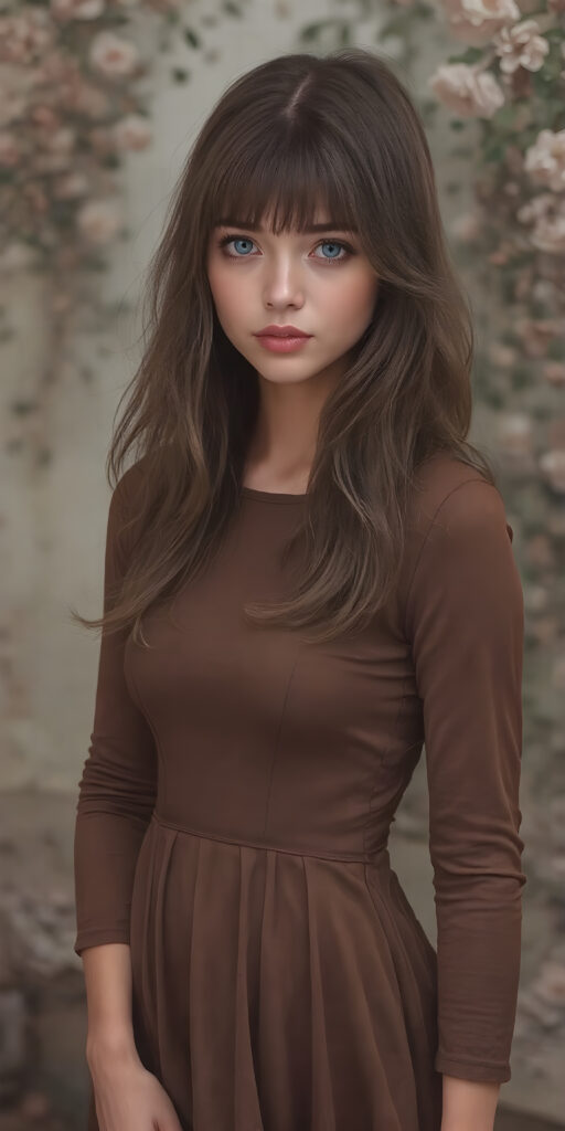 a (((masterfully drawn full body portrait))), featuring a (((stunningly beautiful adult girl))) with flowing, (((big ocean blue eyes))), elegantly dressed in a (((long, fitted Full sleeves brown dress))), (((brown hair with side bangs))), that brings out her (natural beauty) in a (softly detailed, fantastical concept art) with a (dreamlike atmosphere) that complements the (intricate details) of the (garden) and the (romantic style) of the (portrait) era, captured in a (hyper realistic, 8K render) that exudes (ultra high quality) and (vivid color palette)