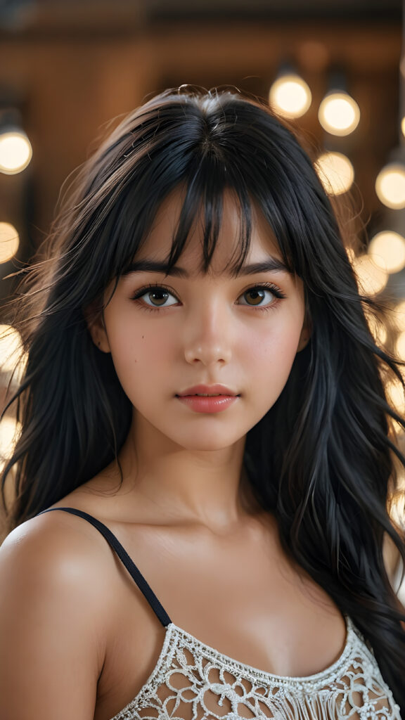 a (((masterpiece of photography))), ultra high resolution and straight, long black hair with fringes slightly curled, showcasing an incredibly beautiful teen girl with (realistically detailed, soft light backlit) surroundings that bring out her (exquisite features) and the (intricate details of her skin) in a (highly detailed, 8K frame) that draws the eye and exudes confidence and allure, she wears a short, cropped tank top, perfect body