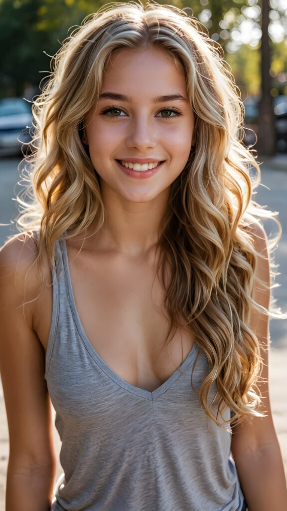 a (((masterpiece portrait))) of a (((beautiful teen girl))), with (((extremely long, wavy, blonde hair))), worn down, cascading past her hips, with (((vivid, natural eyes))), (((catchlights in both eyes))), matching eyes, (((bright smile))), (((looking into the camera))), (((bundled up, brown skin))), (((short, grey, tank top))), (((deep v-neck)))