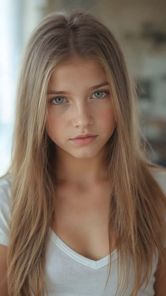 a (((masterpiece of photography))), ultra high resolution and straight, long brown soft hair, showcasing an incredibly beautiful young teen girl with (realistically detailed, soft light backlit) surroundings that bring out her (exquisite features) and the (intricate details of her skin) in a (highly detailed, 8K frame) that draws the eye and exudes confidence and allure, she wears a thin white t-shirt with deep v-neck