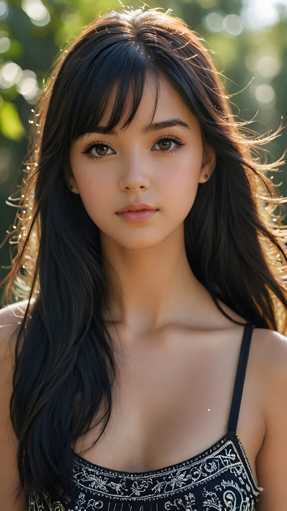 a (((masterpiece of photography))), ultra high resolution and straight, long black hair with fringes slightly curled, showcasing an incredibly beautiful teen girl with (realistically detailed, soft light backlit) surroundings that bring out her (exquisite features) and the (intricate details of her skin) in a (highly detailed, 8K frame) that draws the eye and exudes confidence and allure, she wears a short, cropped tank top, perfect body