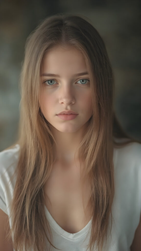 a (((masterpiece of photography))), ultra high resolution and straight, long brown soft hair, showcasing an incredibly beautiful young teen girl with (realistically detailed, soft light backlit) surroundings that bring out her (exquisite features) and the (intricate details of her skin) in a (highly detailed, 8K frame) that draws the eye and exudes confidence and allure, she wears a thin white t-shirt with deep v-neck