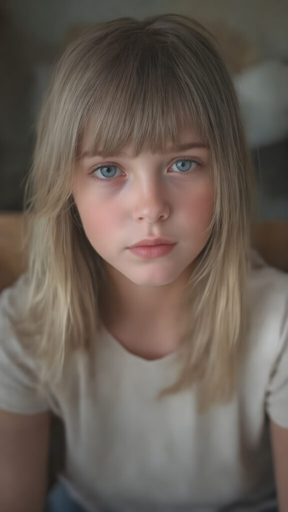 a masterpiece portrait, a cute innocent young teen girl, detailed straight soft jet light blond and brown hair, bangs cut, perfect curved body, detailed round face, she wears a short thin t-shirt, she is sitting on a simple chair, looks direct to viewer ((stunning)) ((gorgeous)) ((realistic, detailed)) ((empty background)) ((cinematic lights))