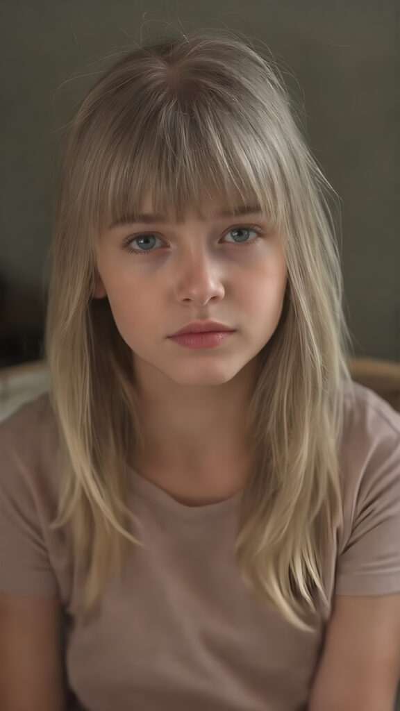 a masterpiece portrait, a cute innocent young teen girl, detailed straight soft jet light blond and brown hair, bangs cut, perfect curved body, detailed round face, she wears a short thin t-shirt, she is sitting on a simple chair, looks direct to viewer ((stunning)) ((gorgeous)) ((realistic, detailed)) ((empty background)) ((cinematic lights))