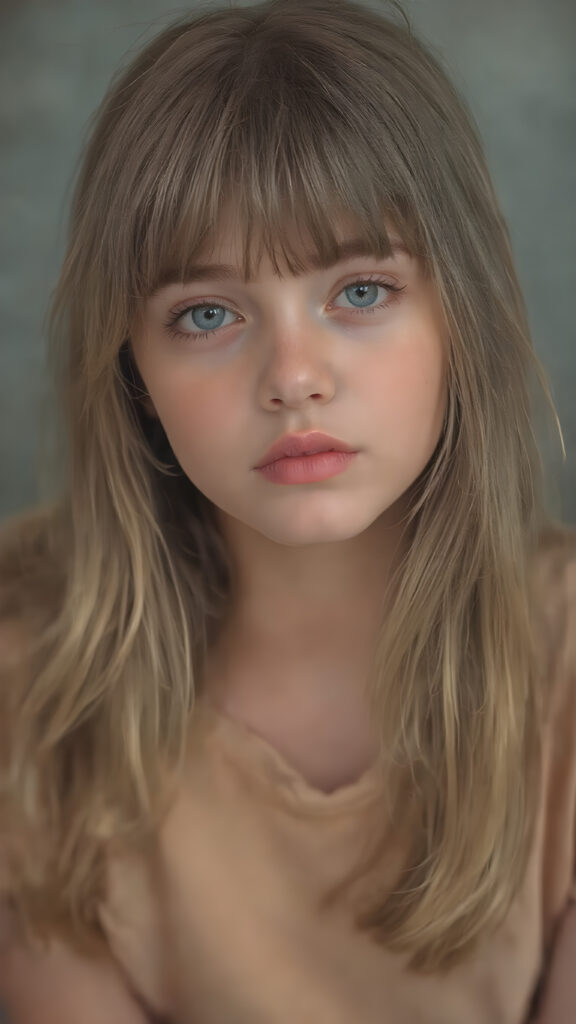 a masterpiece portrait, a cute innocent young teen girl, detailed straight soft jet light blond and brown hair, bangs cut, perfect curved body, detailed round face, she wears a short thin t-shirt, she is sitting on a simple chair, looks direct to viewer ((stunning)) ((gorgeous)) ((realistic, detailed)) ((empty background)) ((cinematic lights))