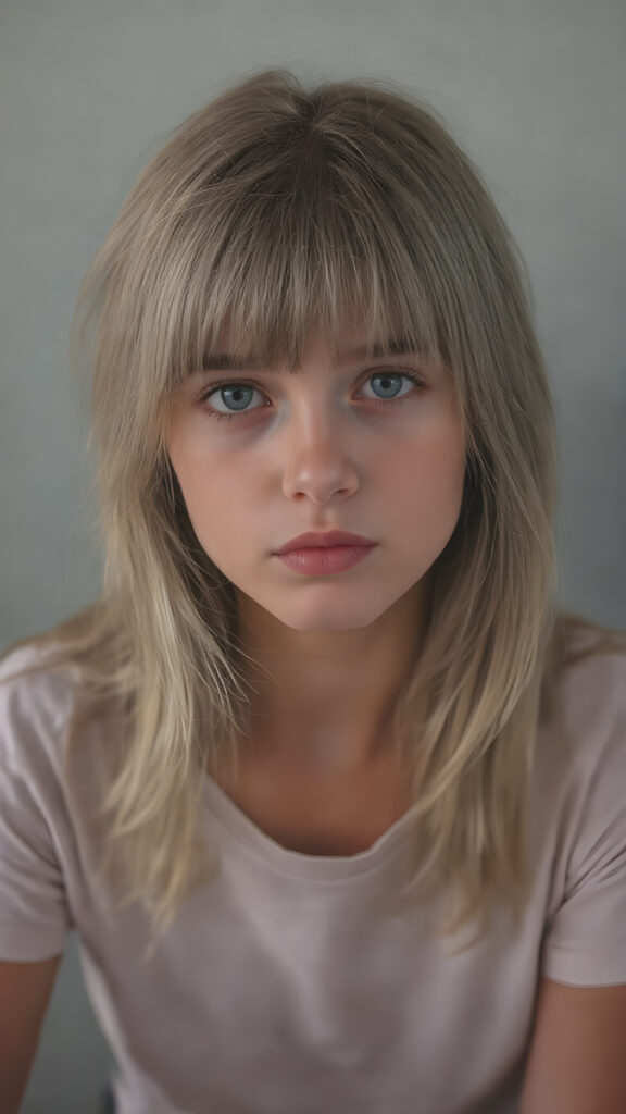 a masterpiece portrait, a cute innocent young teen girl, detailed straight soft jet light blond and brown hair, bangs cut, perfect curved body, detailed round face, she wears a short thin t-shirt, she is sitting on a simple chair, looks direct to viewer ((stunning)) ((gorgeous)) ((realistic, detailed)) ((empty background)) ((cinematic lights))