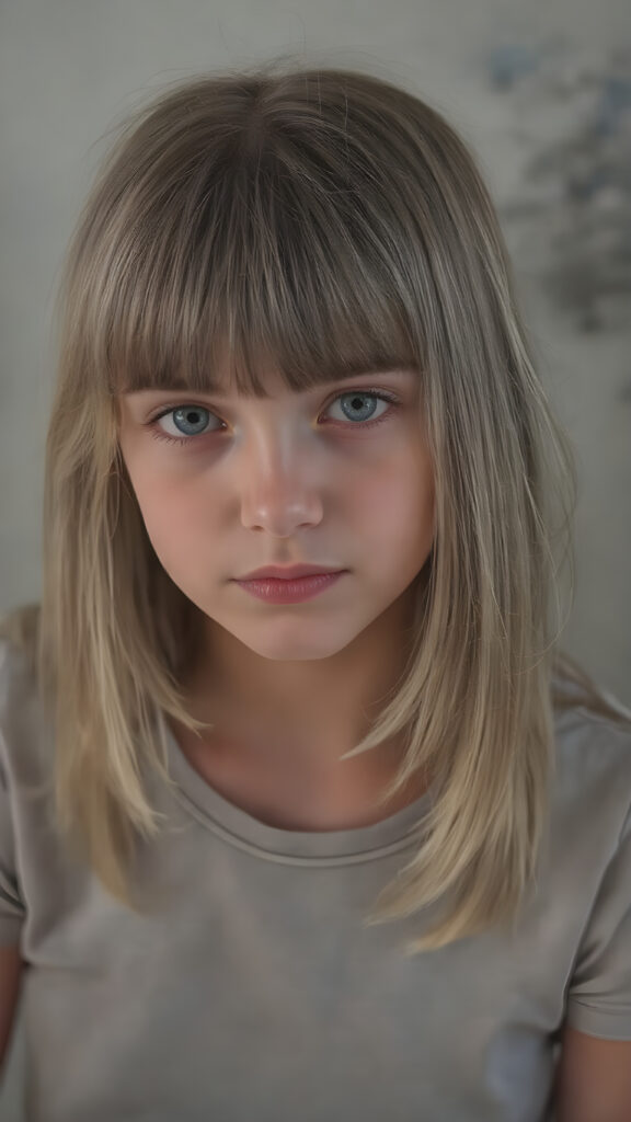 a masterpiece portrait, a cute innocent young teen girl, detailed straight soft jet light blond and brown hair, bangs cut, perfect curved body, detailed round face, she wears a short thin t-shirt, she is sitting on a simple chair, looks direct to viewer ((stunning)) ((gorgeous)) ((realistic, detailed)) ((empty background)) ((cinematic lights))