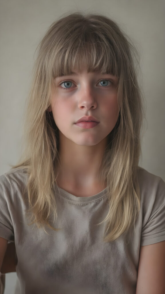 a masterpiece portrait, a cute innocent young teen girl, detailed straight soft jet light blond and brown hair, bangs cut, perfect curved body, detailed round face, she wears a short thin t-shirt, she is sitting on a simple chair, looks direct to viewer ((stunning)) ((gorgeous)) ((realistic, detailed)) ((empty background)) ((cinematic lights))