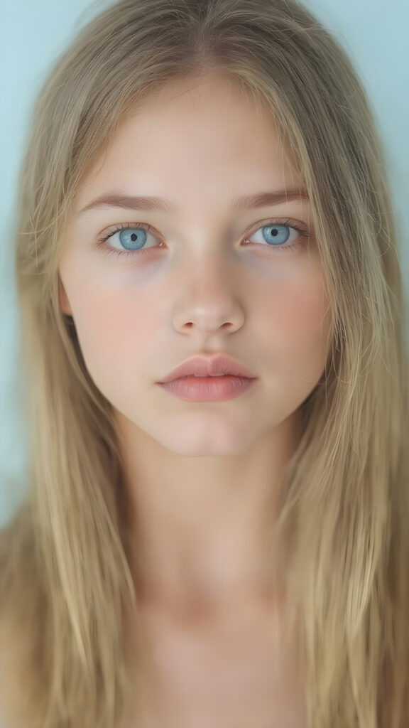 a ((natural teen girl)) realistic upper body portrait shot, her soft hair is long, she has glancing silver-white eyes and are orbit round, she has pouting kissable lips, round face, she has a soft outlook, she has a fit figure, in a natural way, light blue backdrop