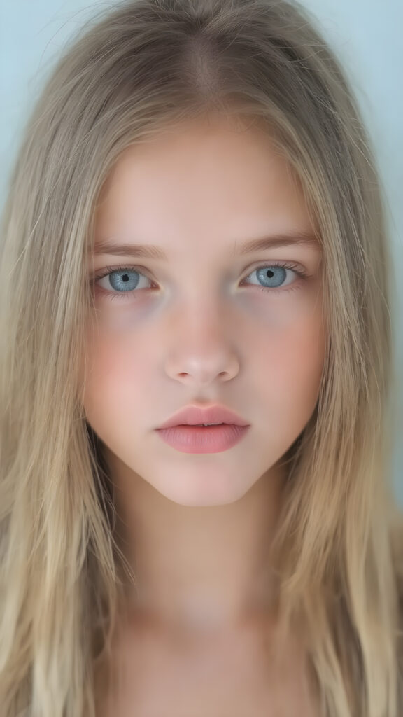 a ((natural teen girl)) realistic upper body portrait shot, her soft hair is long, she has glancing silver-white eyes and are orbit round, she has pouting kissable lips, round face, she has a soft outlook, she has a fit figure, in a natural way, light blue backdrop