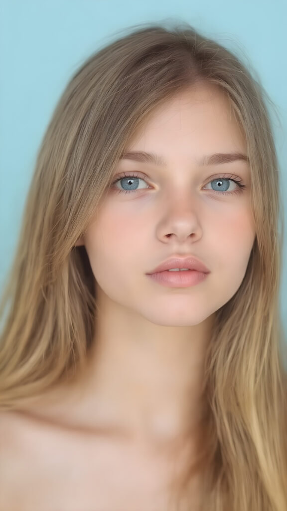 a ((natural teen girl)) realistic upper body portrait shot, her soft hair is long, she has glancing silver-white eyes and are orbit round, she has pouting kissable lips, round face, she has a soft outlook, she has a fit figure, in a natural way, light blue backdrop