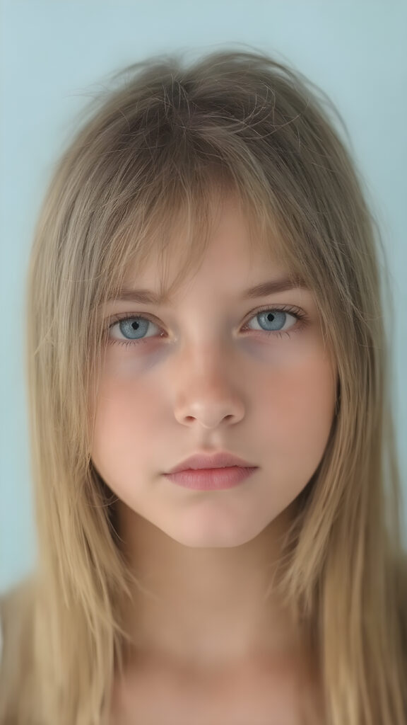 a ((natural teen girl)) realistic upper body portrait shot, her soft hair is long, she has glancing silver-white eyes and are orbit round, she has pouting kissable lips, round face, she has a soft outlook, she has a fit figure, in a natural way, light blue backdrop