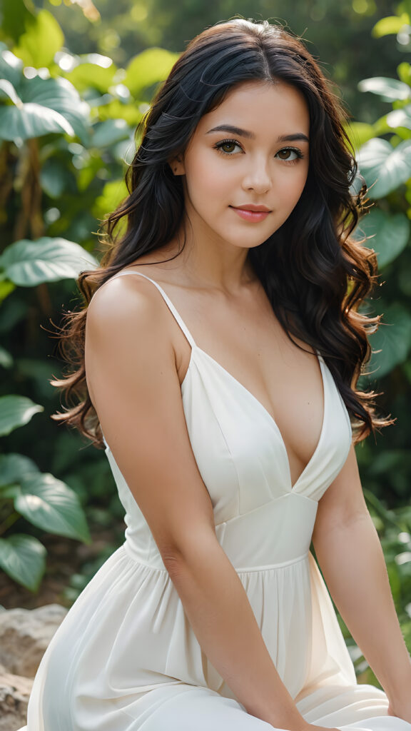 a natural, pretty girl with long, wavy, black hair)))), on a natural background. With natural lighting. And natural makeup. Her face is natural, she is wearing a (((white dress with a low cut))), with (((large, complete feet)))