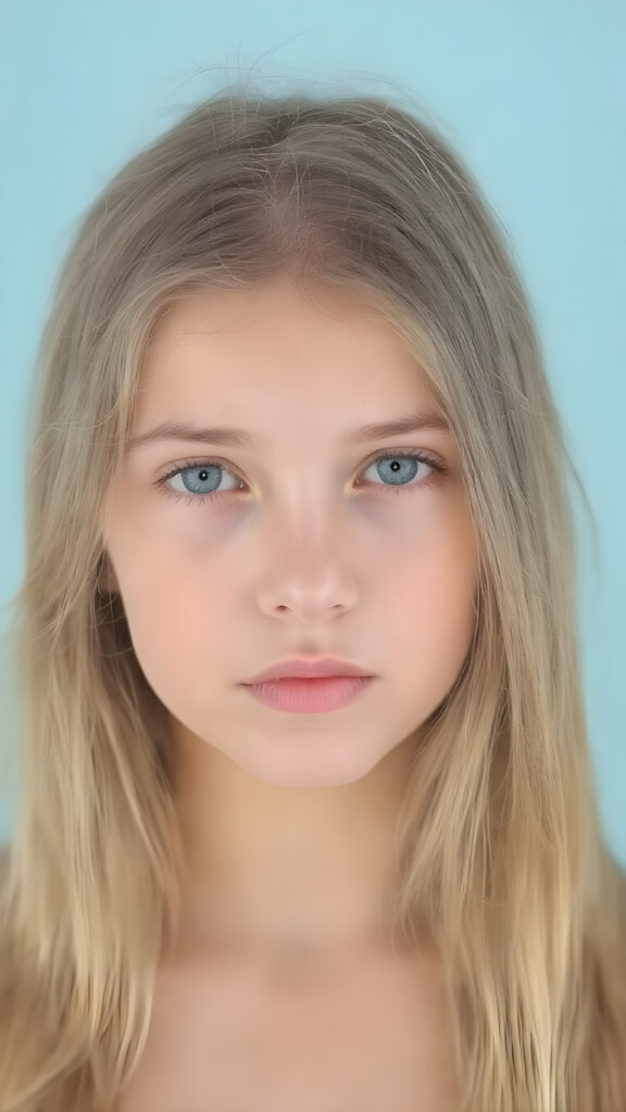 a ((natural teen girl)) realistic upper body portrait shot, her soft hair is long, she has glancing silver-white eyes and are orbit round, she has pouting kissable lips, round face, she has a soft outlook, she has a fit figure, in a natural way, light blue backdrop