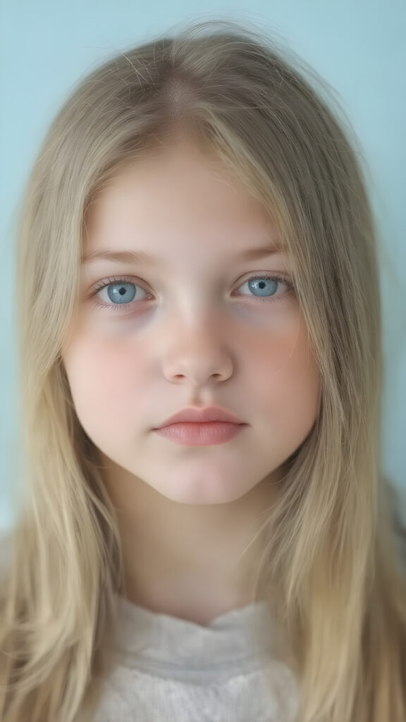 a ((natural teen girl)) realistic upper body portrait shot, her soft hair is long, she has glancing silver-white eyes and are orbit round, she has pouting kissable lips, round face, she has a soft outlook, she has a fit figure, in a natural way, light blue backdrop