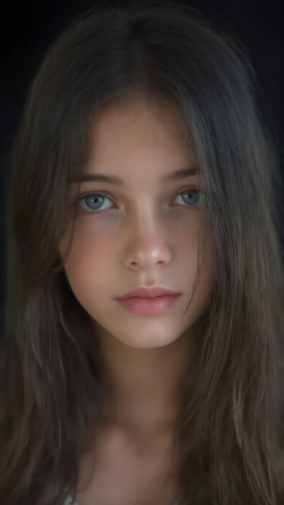 a ((natural teen girl)) realistic upper body portrait shot, her soft hair is obsidian-black and long, she has glancing silver-white eyes and are orbit round, she has pouting lips, she has a soft outlook, she has a fit figure, in a natural way, black backdrop