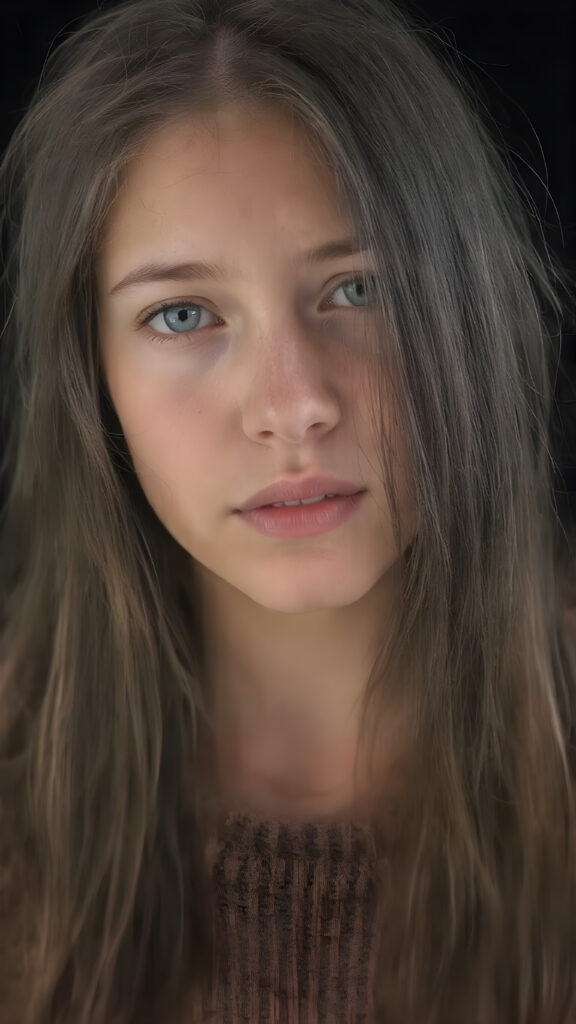 a ((natural teen girl)) realistic upper body portrait shot, her soft hair is obsidian-black and long, she has glancing silver-white eyes and are orbit round, she has pouting lips, she has a soft outlook, she has a fit figure, in a natural way, black backdrop