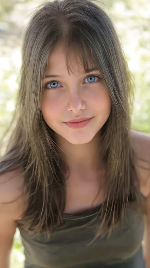 a nice (((full body portrait))), featuring a beautiful young girl with flowing black hair and piercing blue eyes, dressed in a ((sleek tank top in camouflage)), her face has a warm, inviting smile, perfectly capturing the essence of youthful beauty, (((straight hair))) ((blue eyes)), all against a sunny green backdrop