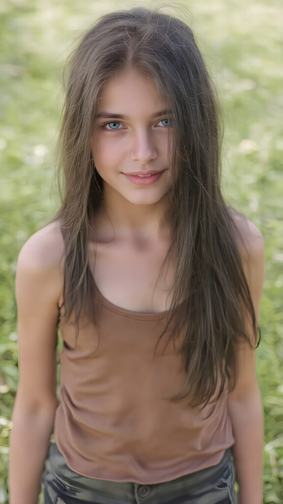 a nice (((full body portrait))), featuring a beautiful young girl with flowing black hair and piercing blue eyes, dressed in a ((sleek tank top in camouflage)), her face has a warm, inviting smile, perfectly capturing the essence of youthful beauty, (((straight hair))) ((blue eyes)), all against a sunny green backdrop