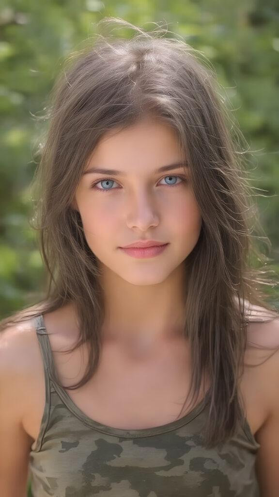 a nice (((full body portrait))), featuring a beautiful young girl with flowing black hair and piercing blue eyes, dressed in a ((sleek tank top in camouflage)), her face has a warm, inviting smile, perfectly capturing the essence of youthful beauty, (((straight hair))) ((blue eyes)), all against a sunny green backdrop