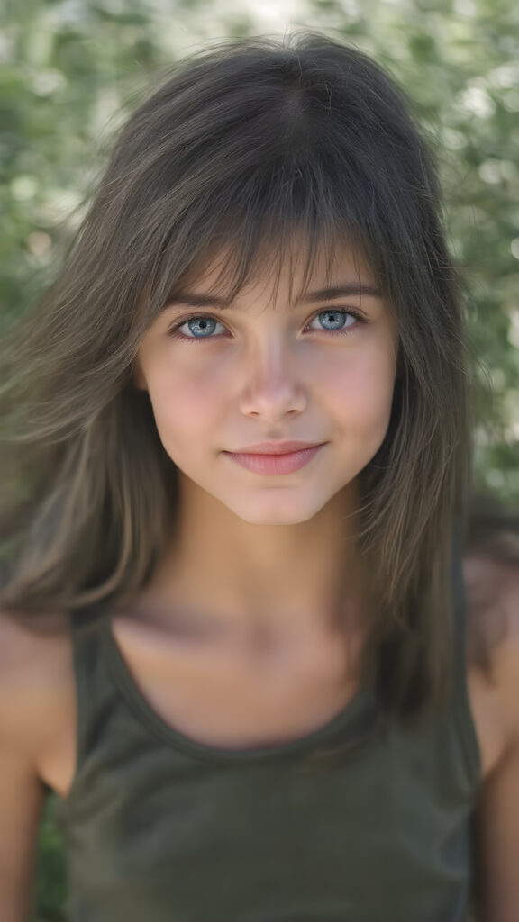 a nice (((full body portrait))), featuring a beautiful young girl with flowing black hair and piercing blue eyes, dressed in a ((sleek tank top in camouflage)), her face has a warm, inviting smile, perfectly capturing the essence of youthful beauty, (((straight hair))) ((blue eyes)), all against a sunny green backdrop