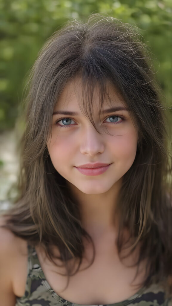 a nice (((full body portrait))), featuring a beautiful young girl with flowing black hair and piercing blue eyes, dressed in a ((sleek tank top in camouflage)), her face has a warm, inviting smile, perfectly capturing the essence of youthful beauty, (((straight hair))) ((blue eyes)), all against a sunny green backdrop