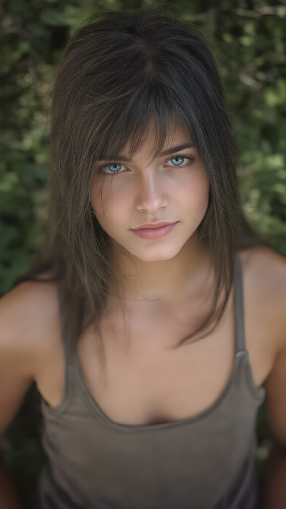 a nice (((full body portrait))), featuring a beautiful young girl with flowing black hair and piercing blue eyes, dressed in a ((sleek tank top in camouflage)), her face has a warm, inviting smile, perfectly capturing the essence of youthful beauty, (((straight hair))) ((blue eyes)), all against a sunny green backdrop