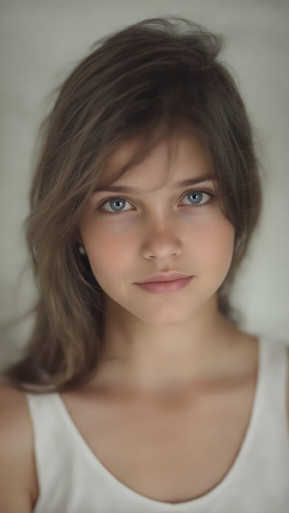 a nice (((portrait))), featuring a beautiful young girl with flowing black hair and piercing blue eyes, dressed in a sleek white top, accessorized with intricate bracelets and earrings, reminiscent of classic studio photos from the era, capturing a timeless sense of nostalgia. Her face has a warm, inviting smile, perfectly capturing the essence of youthful beauty, (((straight hair))) ((blue eyes))