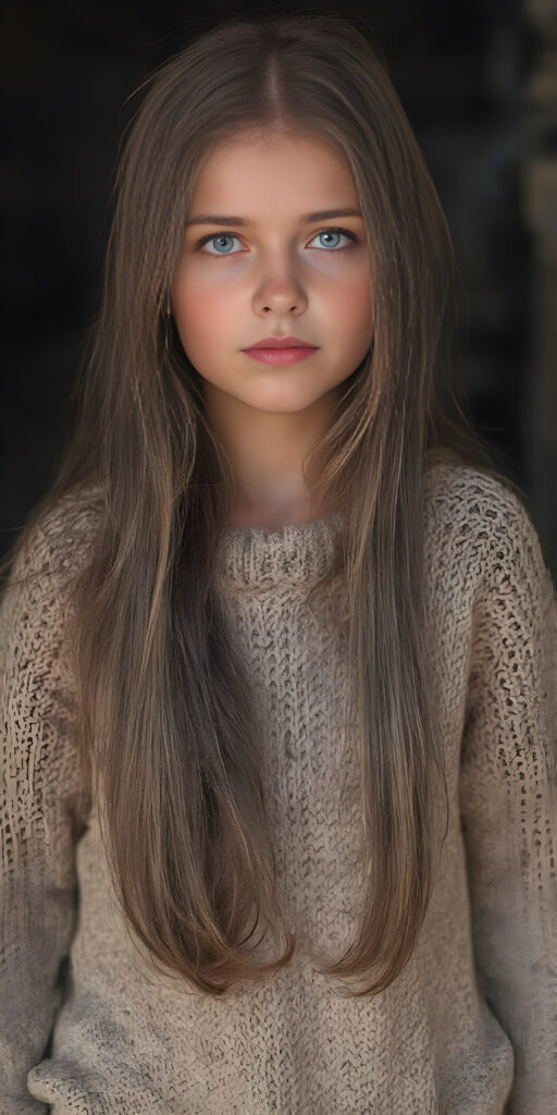 a nice young poor girl with very long messy hair wears a wide sweater and stand in front of the viewer, super detailed and realistic