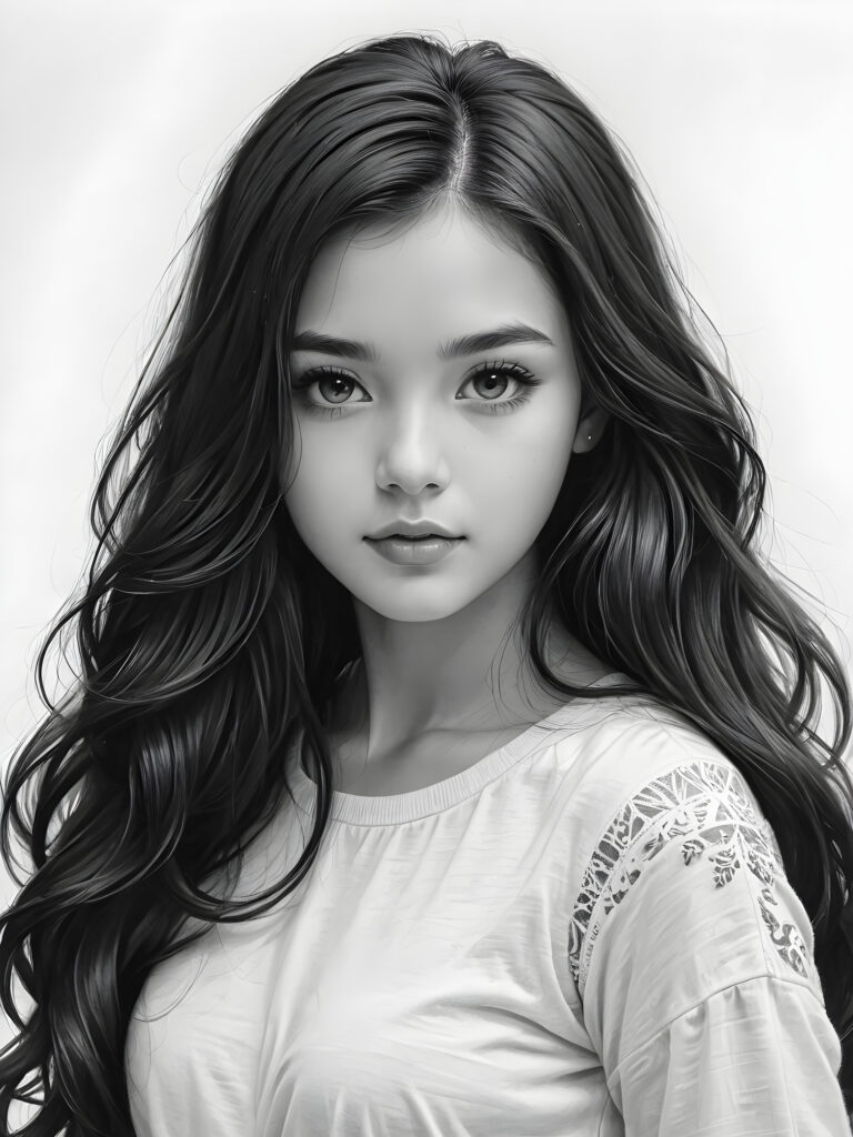 a pencil drawing ((black and white)), (((vividly drawn portrait))), capturing a young girl with long, flowing (((black hair))), her eyes sparkling and her skin radiant, embodying flawless beauty