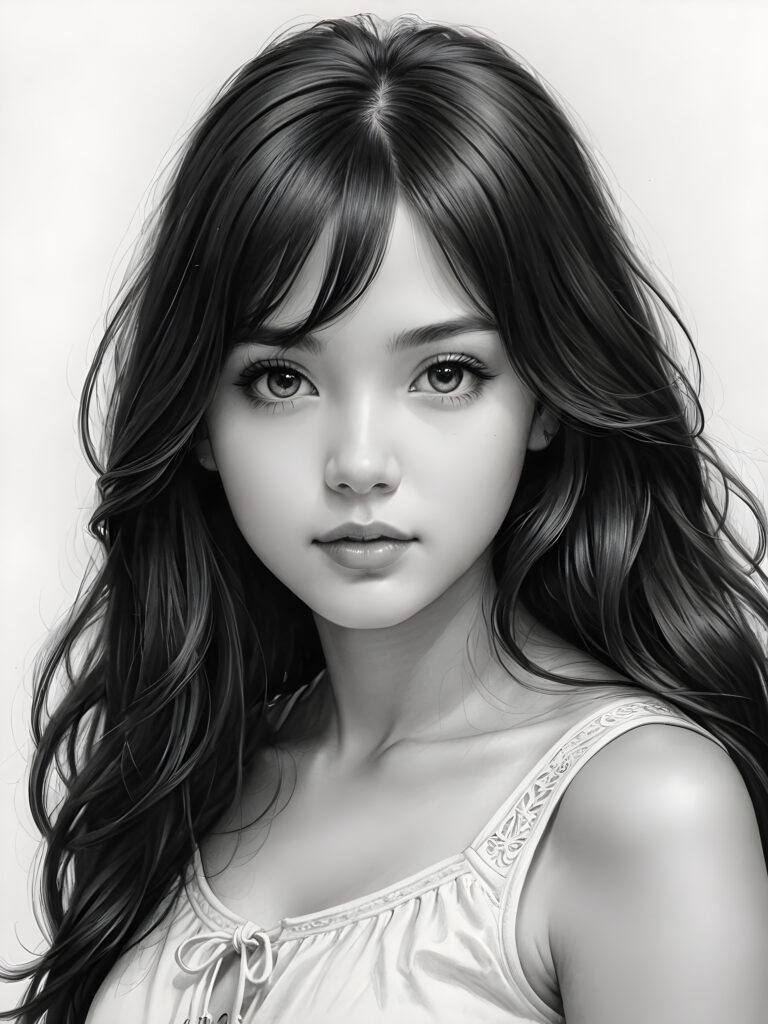 a pencil drawing ((black and white)), (((vividly drawn portrait))), capturing a young girl with long, flowing (((black hair))), her eyes sparkling and her skin radiant, embodying flawless beauty