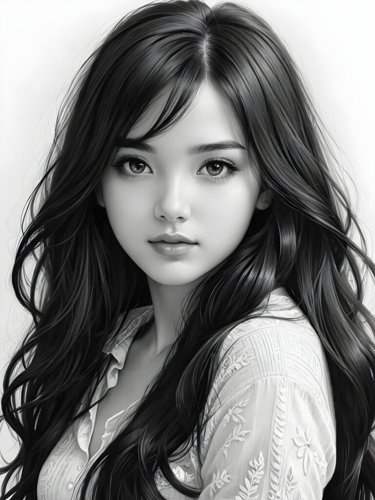 a pencil drawing ((black and white)), (((vividly drawn portrait))), capturing a young girl with long, flowing (((black hair))), her eyes sparkling and her skin radiant, embodying flawless beauty