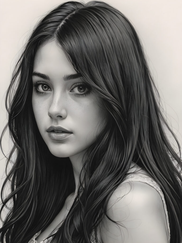 a pencil drawing (((vividly drawn portrait))), capturing a young girl with long, flowing (((black hair))), her eyes sparkling and her skin radiant, embodying flawless beauty